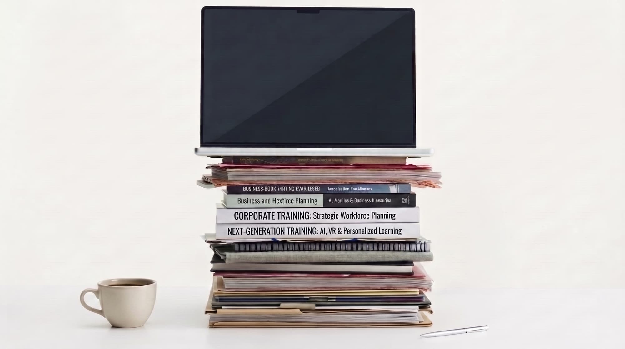 A laptop showing the ThinkPair analytics dashboard, resting on a tall stack of corporate-training books and folders